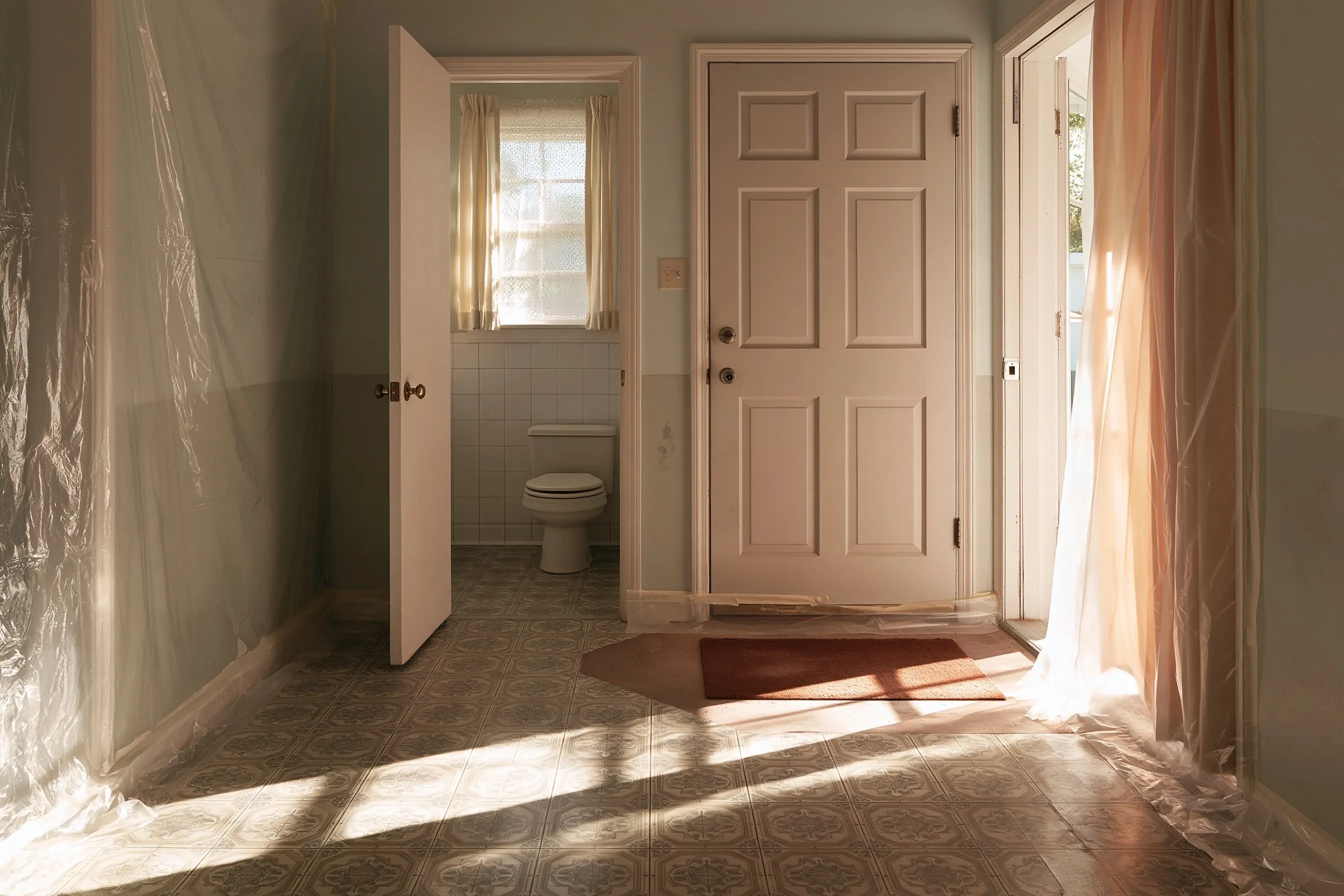 Entry hall of an older house with a patterned vinyl floor, plastic sheeting taped along the walls and a half bath beyond the open door